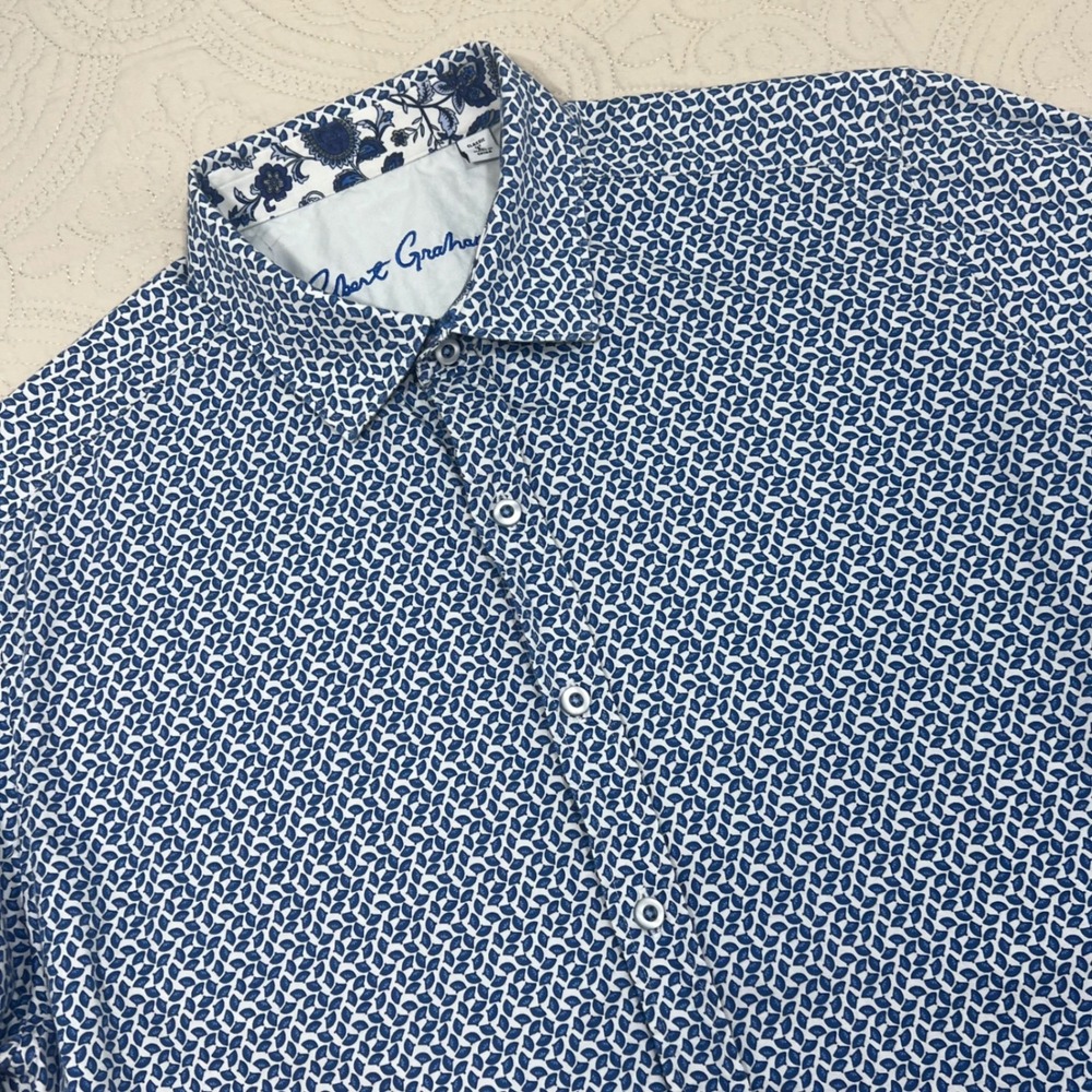 Robert Graham Mens Blue White Geometric Print Short Sleeve Button Down Shirt L‎